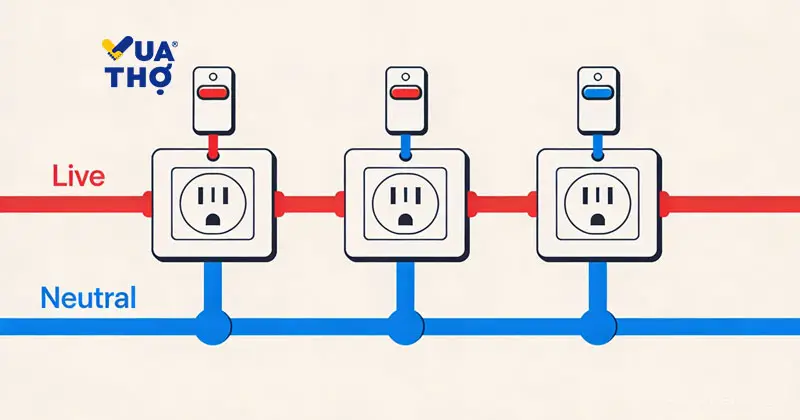 Sơ đồ nguyên lý đấu bảng điện 3 công tắc 3 ổ cắm an toàn.