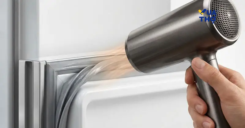 sử dụng m&aacute;y sấy t&oacute;c để sửa gioăng tủ lạnh bị hở