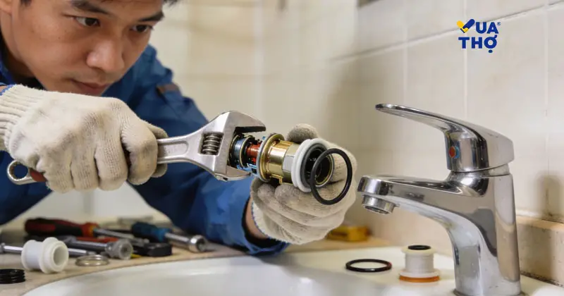Các bước tháo dỡ và thay thế linh kiện vòi nước rò rỉ.