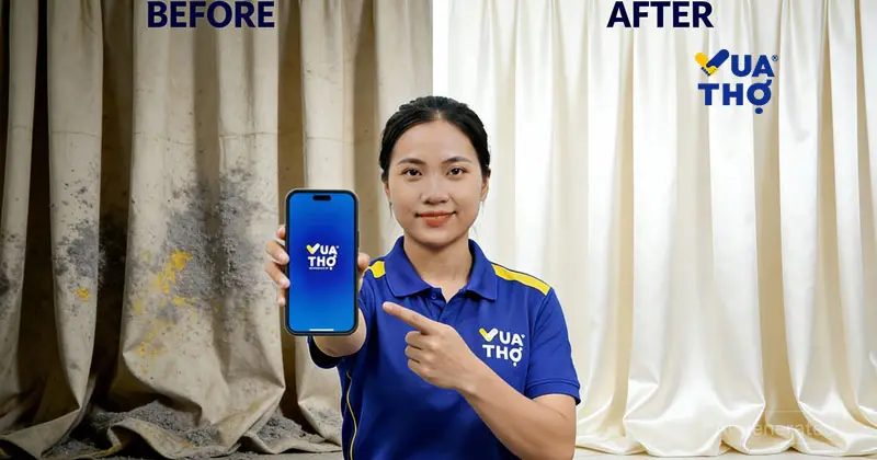 Hình ảnh so sánh rèm cửa trước và sau khi sử dụng dịch vụ giặt rèm Vua Thợ.