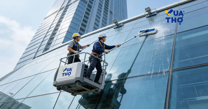 Vệ sinh k&iacute;nh cao ốc bằng Gondola (s&agrave;n thao t&aacute;c treo) đảm bảo tốc độ v&agrave; an to&agrave;n.