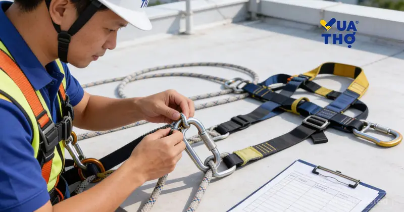 Kiểm tra thiết bị bảo hộ (d&acirc;y đu, kh&oacute;a an to&agrave;n) theo quy tr&igrave;nh OHSAS trước khi lau k&iacute;nh cao tầng.