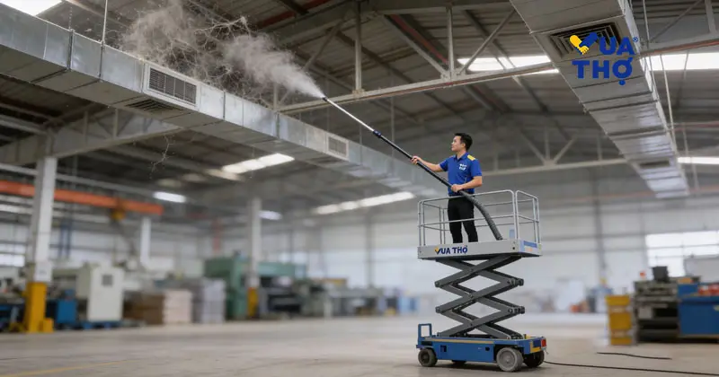 Thợ vệ sinh trên cao nhà xưởng, quét bụi và mạng nhện trần nhà xưởng.