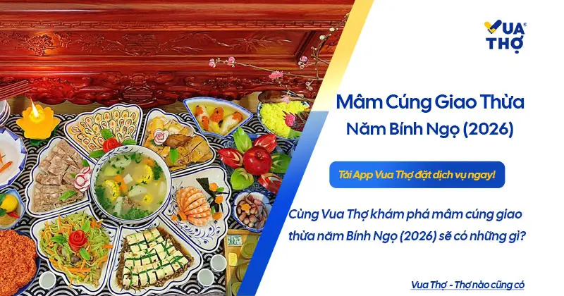 M&acirc;m c&uacute;ng Giao thừa năm B&iacute;nh Ngọ 2026 đầy đủ lễ nghi đặt trong gian bếp sạch đẹp c&ugrave;ng Vua Thợ.