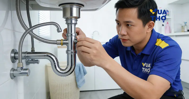 Kỹ thuật vi&ecirc;n Vua Thợ kiểm tra hệ thống nước trước đ&ecirc;m Giao thừa 2026 để đảm bảo phong thủy t&agrave;i lộc.