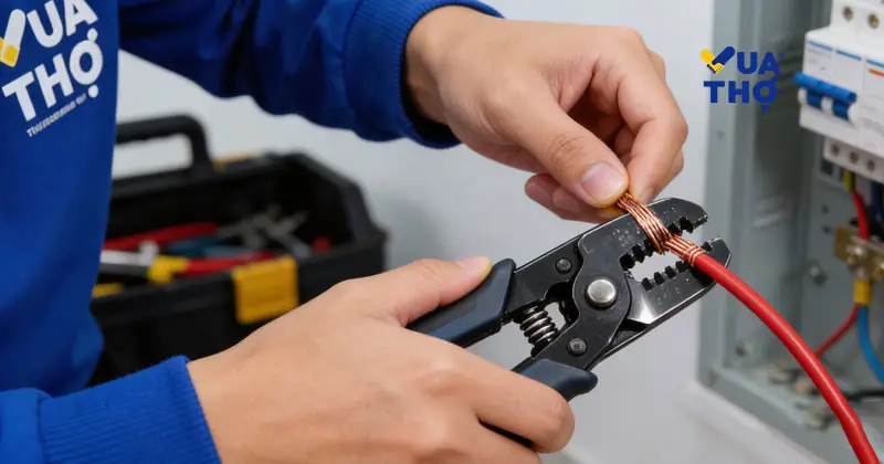 Thợ điện Vua Thợ thực hiện thao t&aacute;c tuốt d&acirc;y điện đ&uacute;ng kỹ thuật.