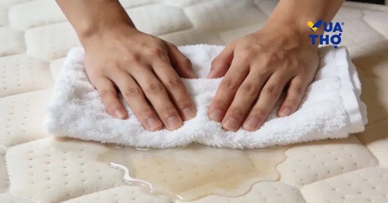 Hướng dẫn cách xử lý nệm cao su bị ướt bằng việc dùng khăn khô thấm hút nước mà không chà xát