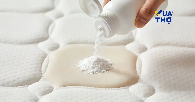Sử dụng phấn rôm để khử mùi nước tiểu khi thực hiện cách xử lý nệm cao su bị ướt tại nhà.