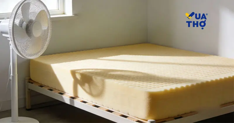 Dùng quạt gió làm khô là cách xử lý nệm cao su bị ướt an toàn nhất để tránh hỏng nệm.