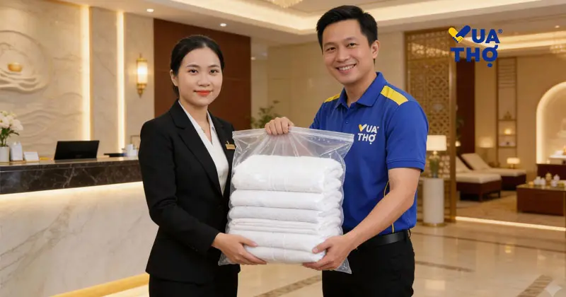 Cam kết dịch vụ giao nhận khăn spa tận nơi, đảm bảo khăn được đóng gói vệ sinh và đúng hẹn.