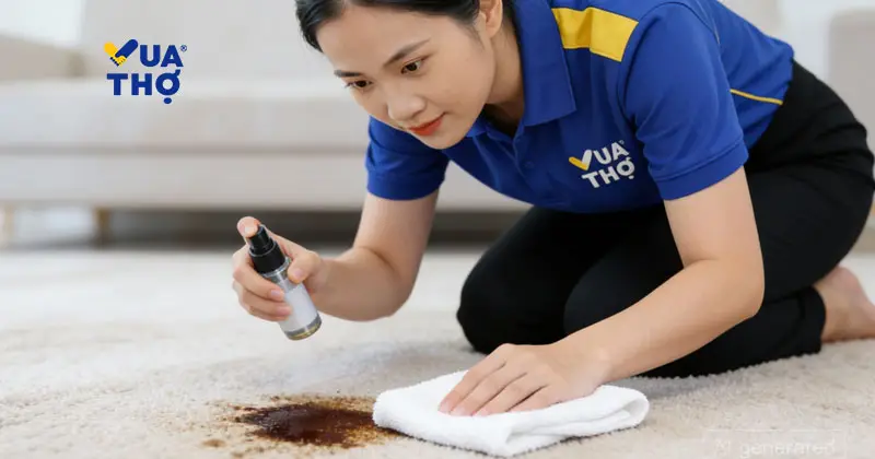 Thợ giặt thảm xử lý vết bẩn cà phê cứng đầu bằng hóa chất tẩy điểm chuyên dụng.