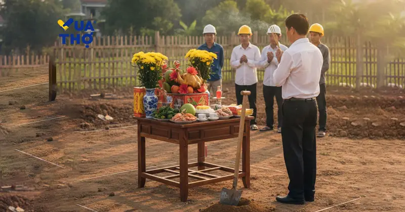 Lễ c&uacute;ng động thổ x&acirc;y nh&agrave; theo phong tục miền Nam được b&agrave;y biện trang trọng