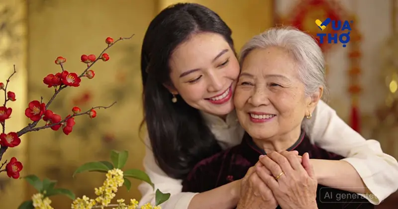 Con g&aacute;i ch&uacute;c Tết v&agrave; &ocirc;m mẹ, thể hiện t&igrave;nh cảm gia đ&igrave;nh ấm &aacute;p ng&agrave;y Tết 2025.