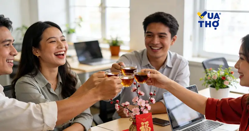 Đồng nghiệp ch&uacute;c Tết v&agrave; n&acirc;ng ly tại văn ph&ograve;ng, kh&ocirc;ng kh&iacute; vui vẻ, th&acirc;n mật.