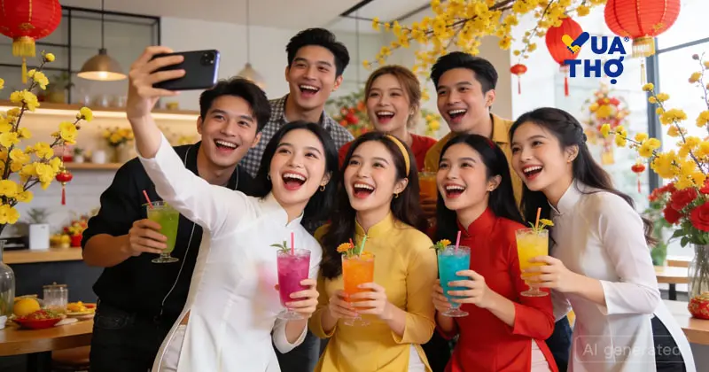 Nh&oacute;m bạn th&acirc;n thiết vui vẻ chụp ảnh selfie v&agrave; ch&uacute;c Tết nhau trong kh&ocirc;ng gian ngập tr&agrave;n sắc xu&acirc;n 2025.