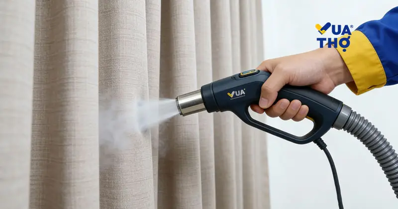 Kỹ thuật giặt hơi nước nóng tiêu diệt nấm mốc trên rèm cửa.