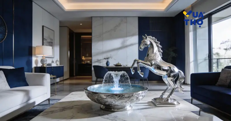 Bố tr&iacute; phong thủy nh&agrave; ở năm 2026 B&iacute;nh Ngọ với t&ocirc;ng m&agrave;u xanh dương v&agrave; trắng bạc.