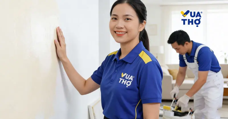 Kh&aacute;ch h&agrave;ng cười tươi hạnh ph&uacute;c khi nghiệm thu bức tường được sơn mới ho&agrave;n hảo bởi Vua Thợ.