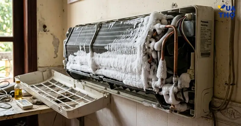 Dàn lạnh máy điều hòa bị đóng tuyết dày trên cánh tản nhiệt nhôm