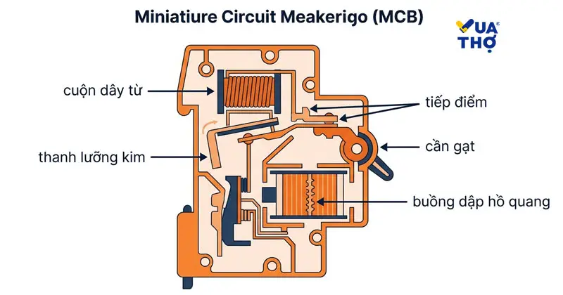 Sơ đồ minh họa nguyên lý hoạt động của aptomat MCB trong tủ điện gia đình