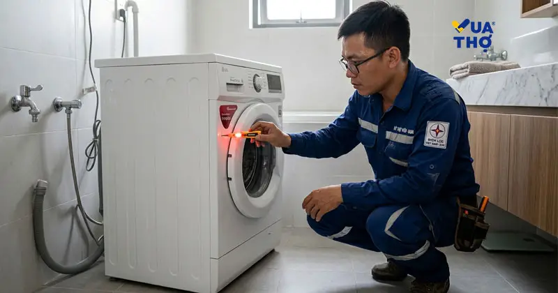 Thợ điện dùng bút thử điện kiểm tra dòng rò trên vỏ máy giặt