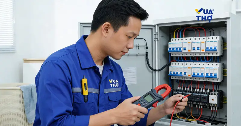 Thợ điện Vua Thợ kiểm tra tủ điện gia đình bằng ampe kìm và bút thử điện
