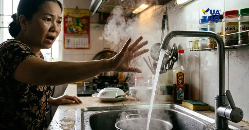 Nước nóng trào ngược ra vòi lạnh ở bồn rửa chén — hậu quả khi không lắp van một chiều bình nóng lạnh
