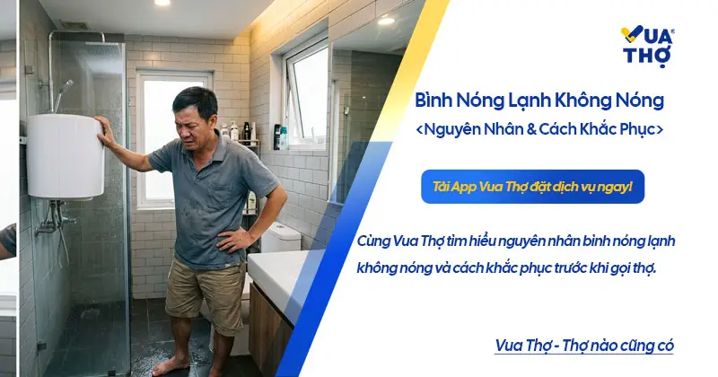 Người đàn ông đang kiểm tra bình nóng lạnh trong phòng tắm vì không có nước nóng