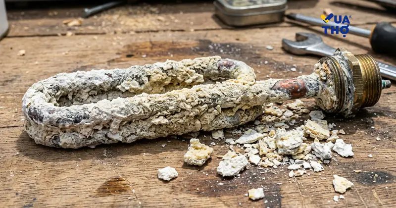 Thanh đốt bình điện nóng lạnh bị bám cặn canxi dày đặc sau nhiều năm sử dụng