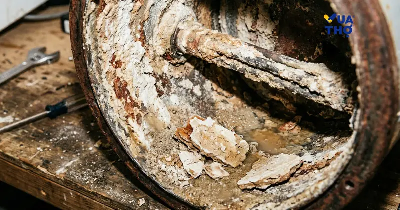 Lớp cặn canxi dày đặc bám bên trong ruột bình nóng lạnh sau 3 năm không vệ sinh