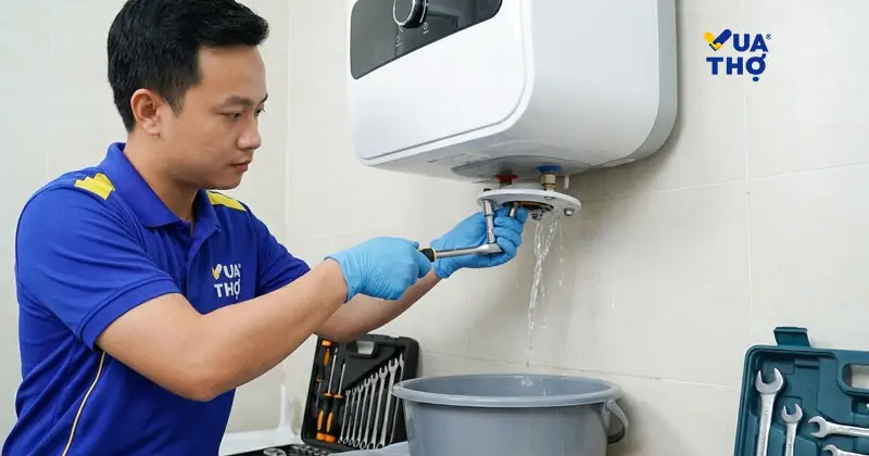 Thợ điện nước tháo mặt bích đáy bình nóng lạnh để vệ sinh súc rửa bên trong