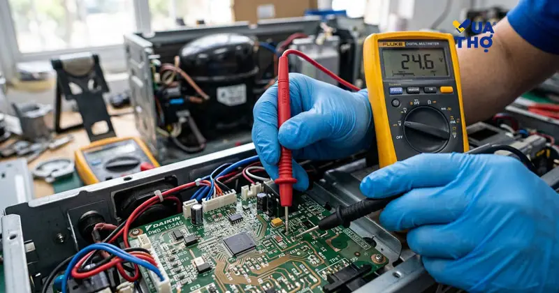 Thợ đang dùng đồng hồ đo điện áp kiểm tra lỗi bo mạch điều hòa bị chớp đèn