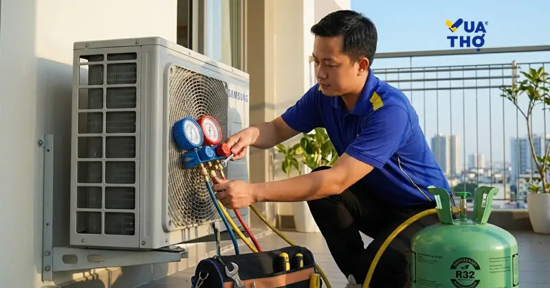Kỹ thuật viên tiến hành đo áp suất và nạp bổ sung Ga điều hòa cho dàn nóng