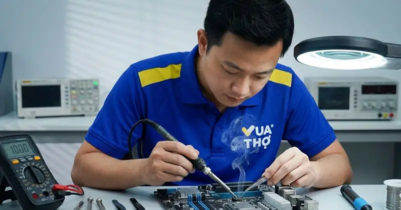 Thợ sửa điện lạnh đang tiến hành sửa bo mạch điều hòa máy lạnh phức tạp.