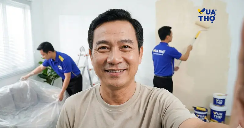 Khách hàng chụp ảnh selfie hài lòng khi đội thợ Vua Thợ thi công sơn nhà.