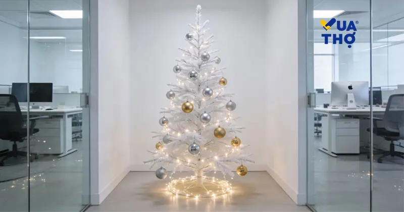 Mẫu trang trí noel văn phòng thân thiện môi trường độc đáo với cây thông làm từ bìa carton và phụ kiện tái chế.