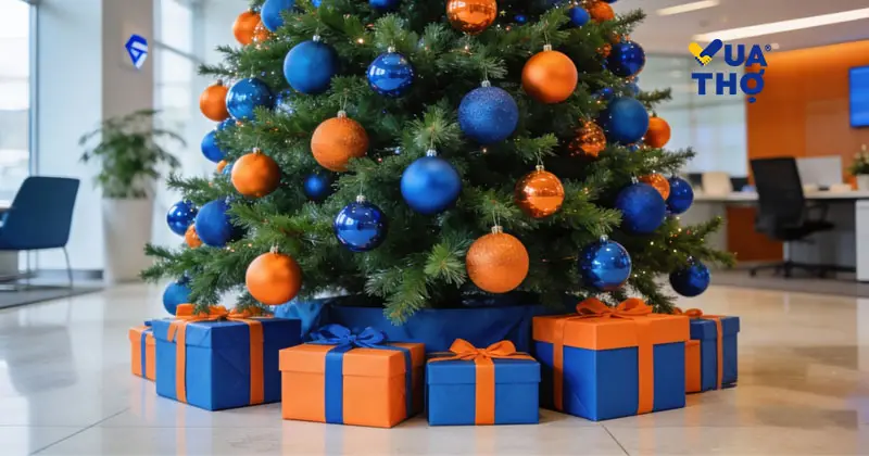 Xu hướng trang trí noel văn phòng chuyên nghiệp theo màu sắc nhận diện thương hiệu với cây thông và hộp quà đồng bộ.