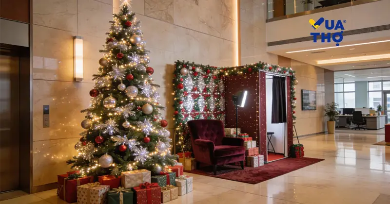 Mẫu trang trí noel văn phòng khu vực sảnh lễ tân ấn tượng với cây thông lớn và góc chụp hình check-in sang trọng.