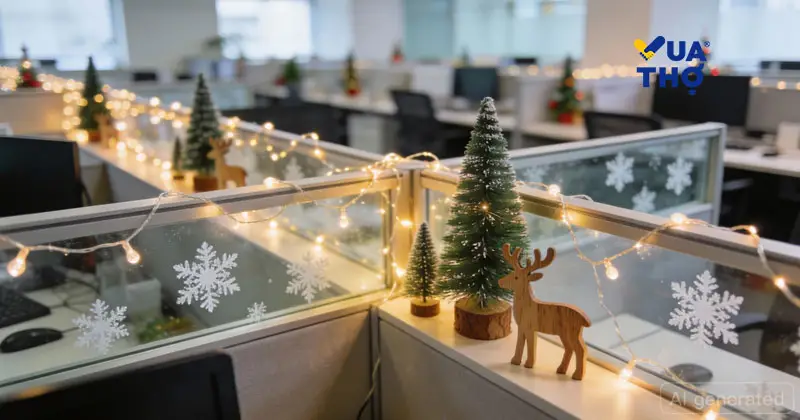 Ý tưởng trang trí noel văn phòng tại bàn làm việc cá nhân với cây thông mini, đèn LED và decal dán kính bông tuyết.