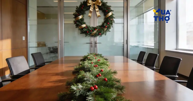 Phong cách trang trí noel văn phòng cho phòng họp chuyên nghiệp với dây thông xanh chạy dọc bàn và vòng nguyệt quế treo cửa.