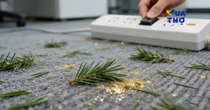 Những lưu ý quan trọng về an toàn điện và vệ sinh khi trang trí noel văn phòng, xử lý bụi bẩn và kim tuyến trên thảm