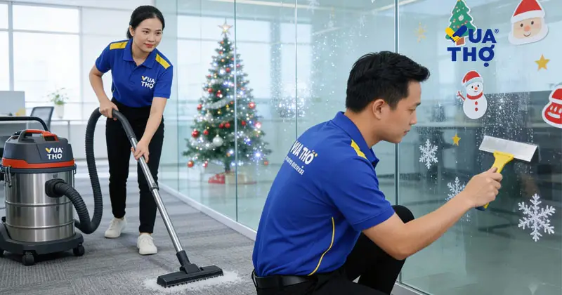 Dịch vụ vệ sinh văn phòng chuyên nghiệp của Vua Thợ giúp dọn dẹp, bóc decal và xử lý bụi bẩn sau dịp lễ Noel.