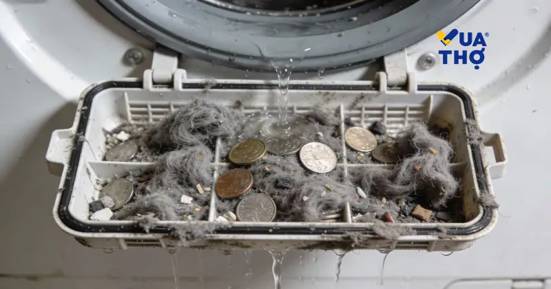 Vệ sinh lưới lọc máy giặt chứa nhiều cặn bẩn và vật lạ như tiền xu