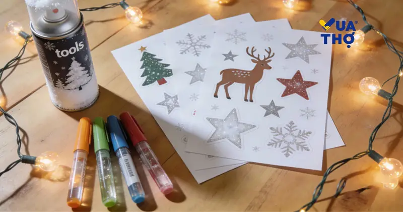 Các vật liệu trang trí Giáng sinh trên cửa kính gồm decal, bình xịt tuyết và bút vẽ kính.