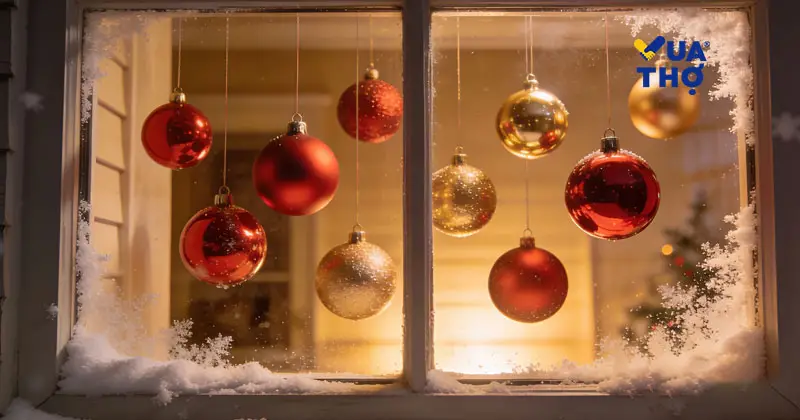 Trang trí cửa kính bằng quả châu treo và hiệu ứng tuyết rơi từ bình xịt tuyết nhân tạo.