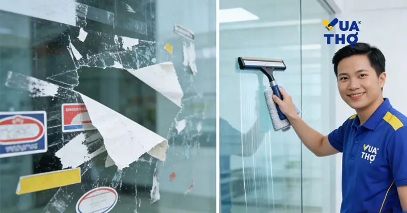 Dịch vụ vệ sinh kính chuyên nghiệp của Vua Thợ giúp loại bỏ vết keo và bụi tuyết sau Noel.