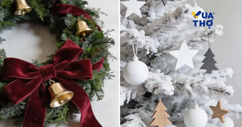 So sánh phong cách trang trí Noel truyền thống (đỏ/xanh) và phong cách Bắc Âu (trắng/gỗ mộc).