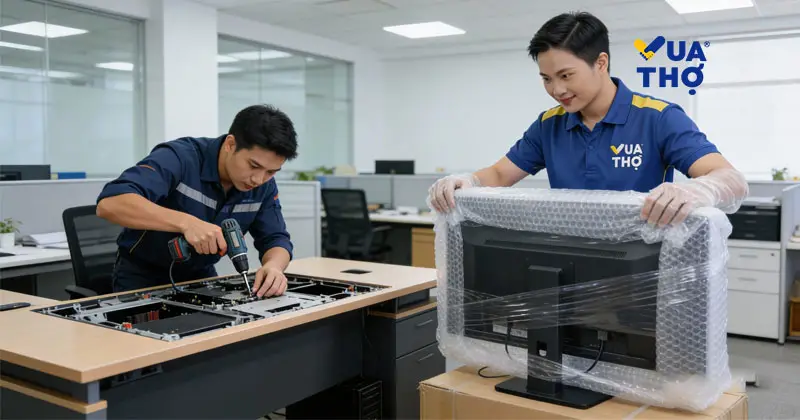 Quy trình tháo lắp nội thất và đóng gói thiết bị điện tử văn phòng bằng vật tư chuyên dụng.