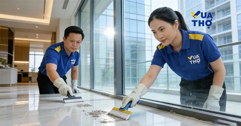 Làm sạch công trình sau xây dựng: Tẩy vết sơn, xi măng bám trên sàn đá và kính.