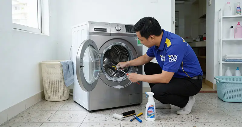 thợ vua thợ đang vệ sinh m&aacute;y giặt